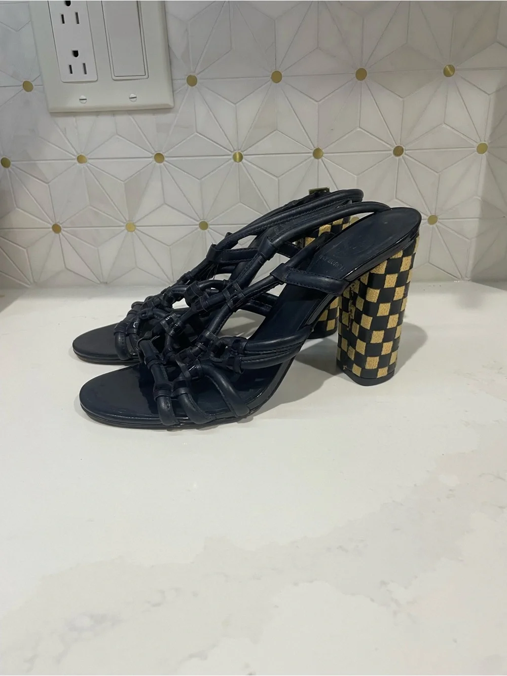 Tory Burch Black Heeled Sandals with Gold & Black Checkerboard Block Heel